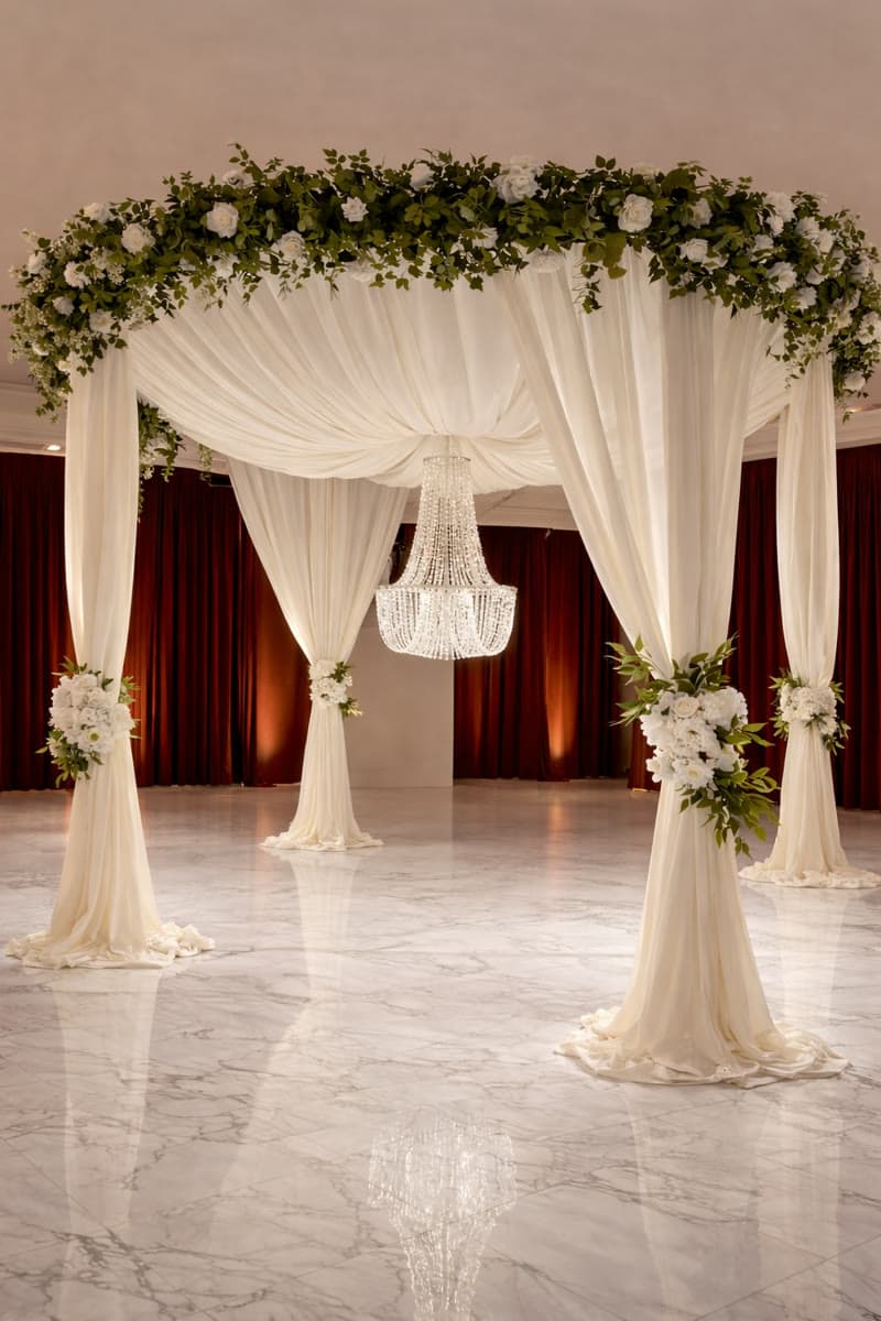 White canopy chuppah with greenery & chandelier