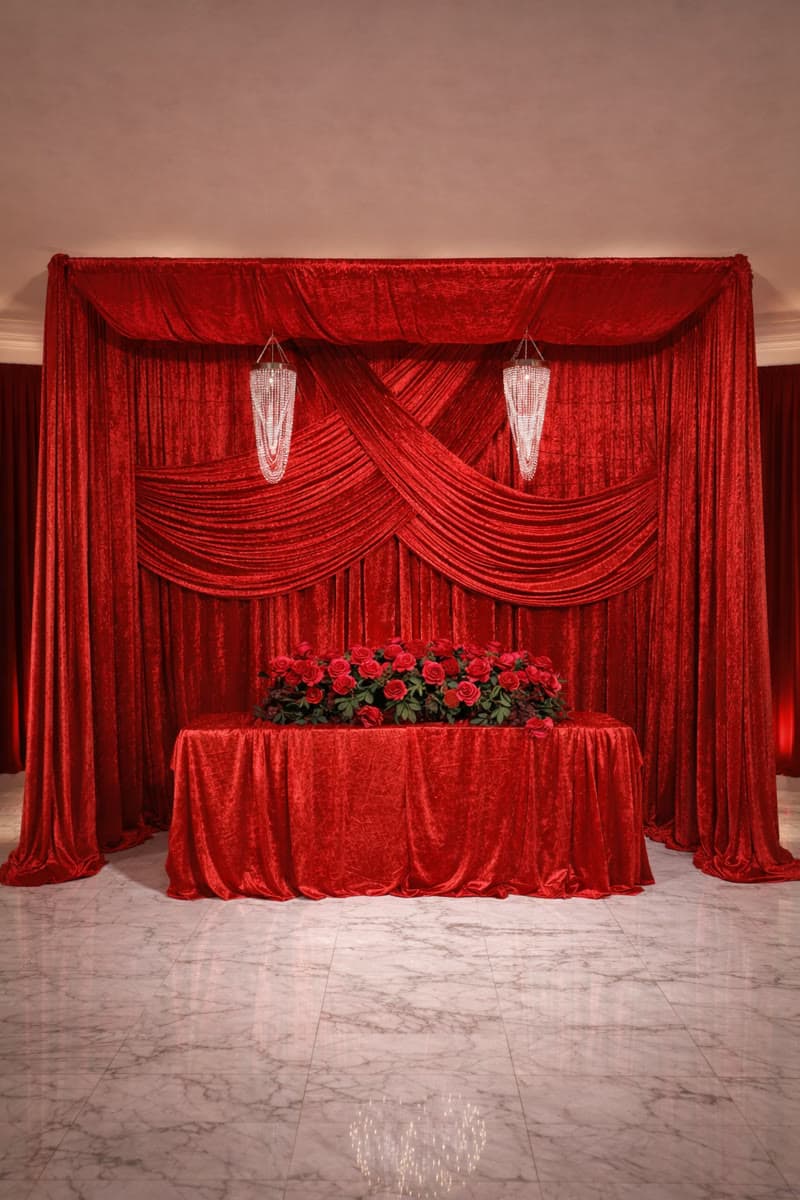 Red velvet backdrop with sweetheart table