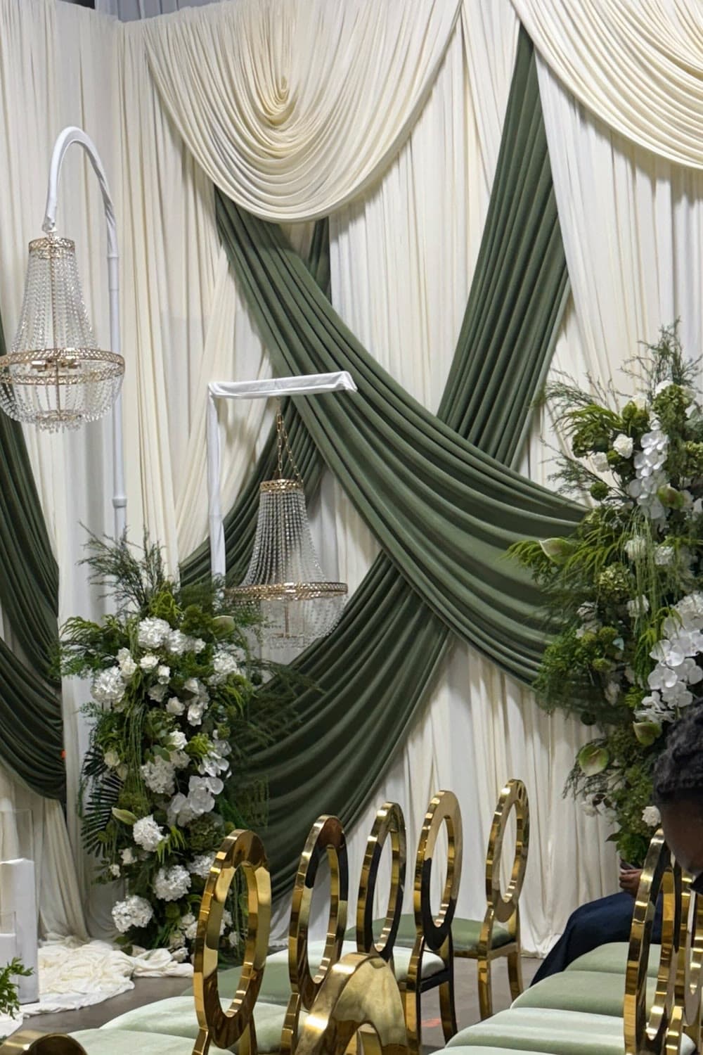 Sage & ivory baroque swag with crystal chandeliers
