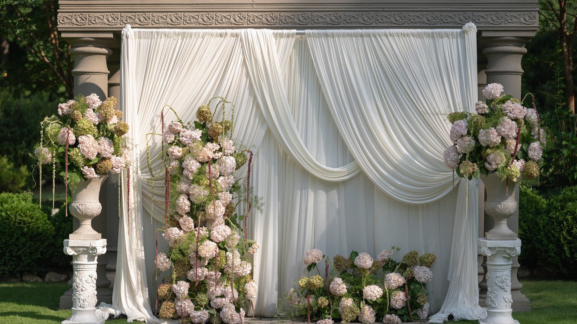 Floral backdrop wall with cascading hydrangea, The Gilded Swan editorial