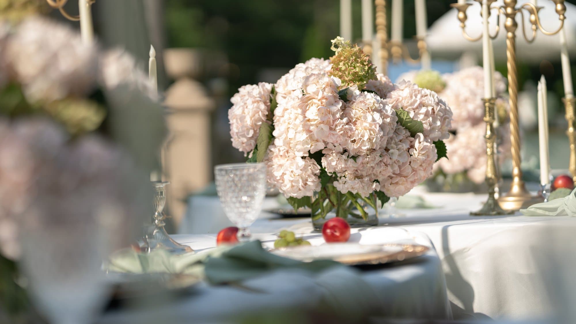 Tablescape centerpiece styling, blush hydrangea and crystal